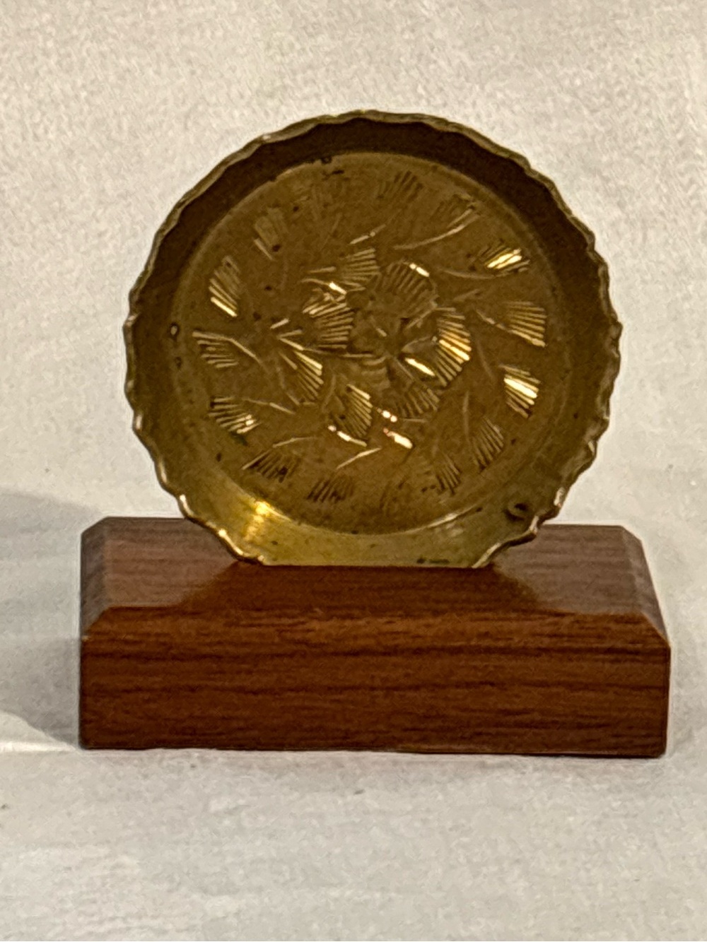 Vintage Miniature Engraved Brass Floral Plate Wood Display Stand 3” MCM Decor